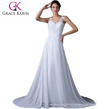 2015 ärmellose V-Ausschnitt weiß Grace Karin Kleider Abend elegante Chiffon lange Meerjungfrau Abendkleider CL6252